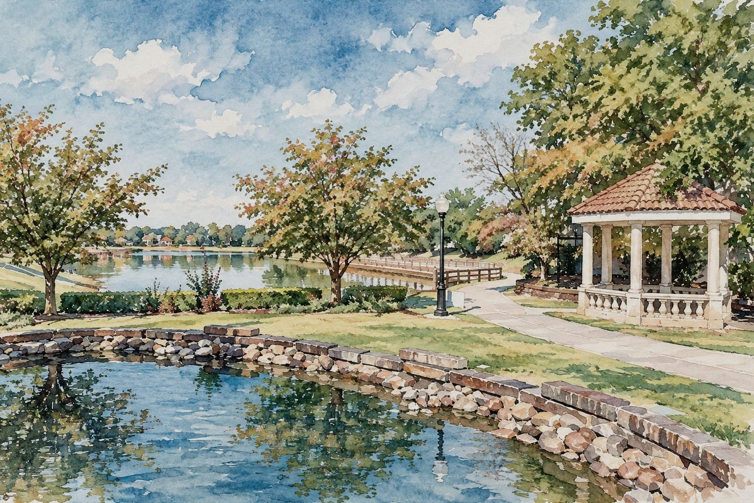 Watercolor of the lakeside path and gazebo at Village on the Creeks in Rogers, Arkansas